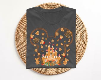 Camiseta navideña de Disney con pan de jengibre, lindas orejas de galleta de Minnie, camiseta navideña neutra, regalo de castillo de panadería, bastón de caramelo, camiseta dulce de invierno, repostería