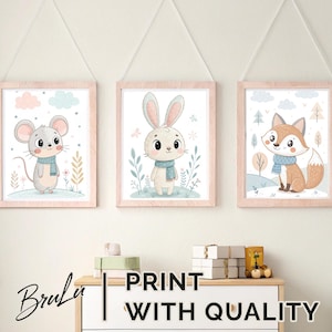 Pastel Woodland Animal Prints: Bunny, Fox, Mouse Nursery Decor (Digital Download Set)