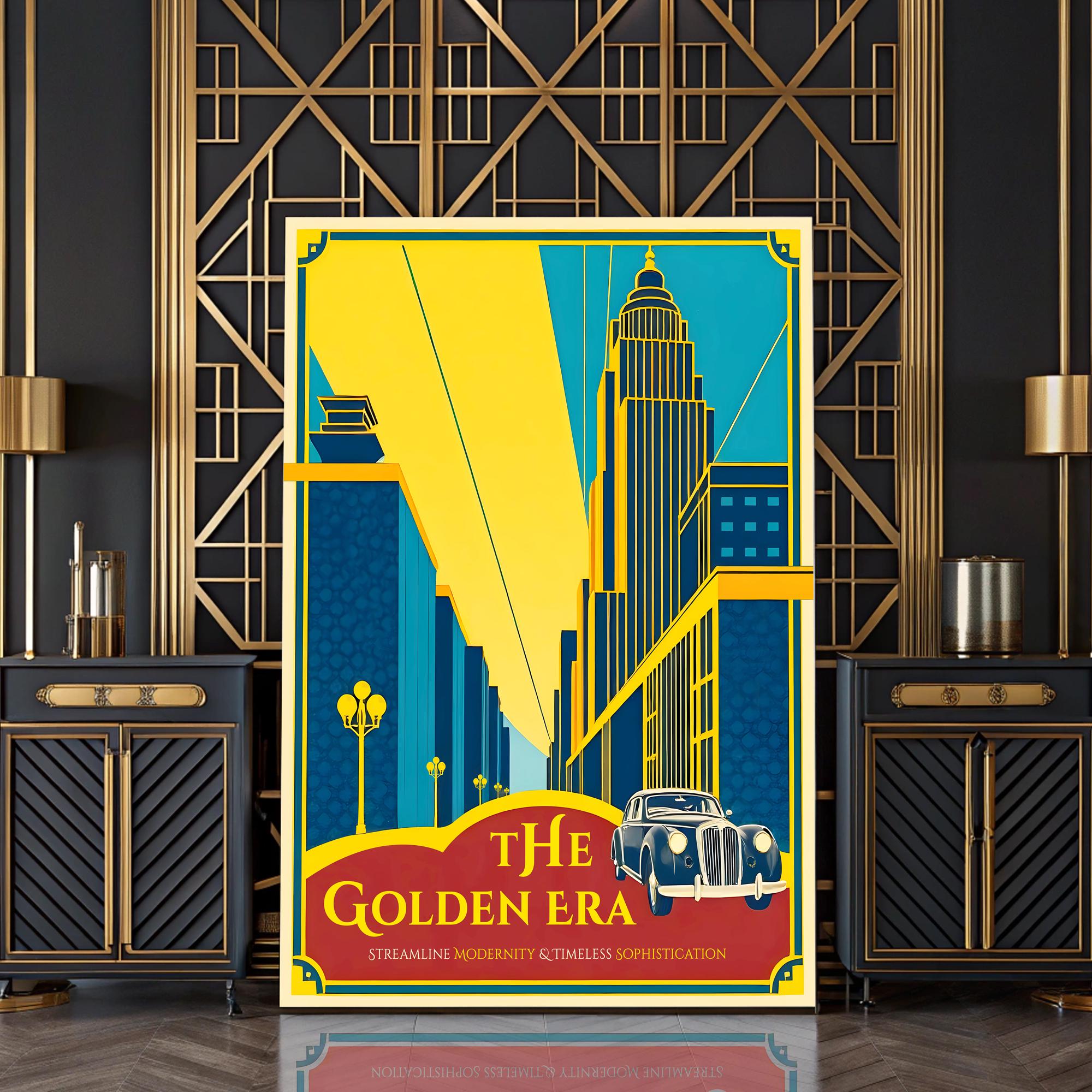 1930s Streamline Moderne Art Deco Poster | Golden & Blue Vintage Design ...