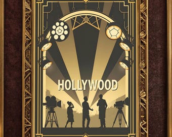 May include: A vintage-style poster with the word "HOLLYWOOD" in bold letters. The poster features a black and white silhouette of a film set with spotlights, cameras, and people. The background is a gold and black striped pattern.