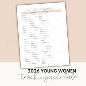 Op de afbeelding: Een witte lesrooster voor 2026 Young Women, met een zachte roze achtergrond. Het rooster bevat data, onderwerpen en Schriftgedeelten. De titel "TEACHING Schedule" staat bovenaan.