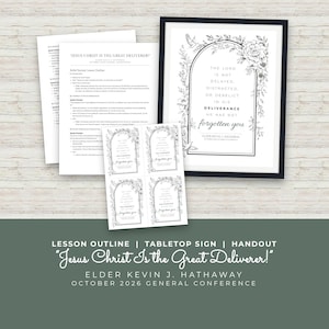 May include: A printed lesson outline, a framed sign, and four small handouts featuring the text: The Lord is not delayed, distracted, or derelict in his deliverance. He has not forgotten you. The designs include floral illustrations and arched borders.
