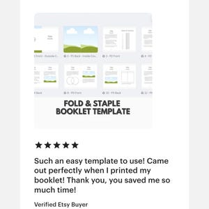 Peut inclure: Un mod&egrave;le de livret num&eacute;rique avec un aper&ccedil;u de la mise en page. Le mod&egrave;le comprend des sections pour les couvertures avant et arri&egrave;re, les pages int&eacute;rieures et une table des mati&egrave;res. Le texte "FOLD & STAPLE BOOKLET TEMPLATE" est affich&eacute;. Un avis client est &eacute;galement affich&eacute;.