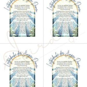 May include: Four white cards with a blue and white watercolor design of a sky with clouds and a rainbow arch. The cards have the text "Leitgedanke der Jungen Damen" at the top and bottom. The text on the cards is in German and reads: "Ich bin eine geliebte Tochter himmlischer Eltern und habe ein g&ouml;ttliches Wesen und eine ewige Bestimmung. Als J&uuml;ngerin Jesu Christi strebe ich danach, wie er zu werden. Ich bem&uuml;he mich um pers&ouml;nliche Offenbarung, handle danach und k&uuml;mmere mich in seinem heiligen Namen um andere. Ich trete allzeit und in allem und &uuml;berall als Zeugin Gottes auf. In meinem Bestreben, mich f&uuml;r die Erh&ouml;hung bereitzumachen, nutze ich dankbar die Gabe der Umkehr und bem&uuml;he mich, jeden Tag besser zu werden. Voll Glauben st&auml;rke ich mein Zuhause und meine Familie, schlie&szlig;e und halte heilige B&uuml;ndnisse und empfange die heiligen Handlungen und Segnungen des heiligen Tempels."