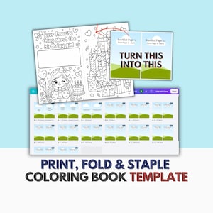May include: A digital coloring book template featuring a black and white line art page with a birthday theme, text reading "your favorite thing about the birthday girl", and a grid of multiple page layouts with the text "TURN THIS INTO THIS".