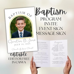 Puede incluir: Una invitación al programa de bautismo con una foto de un niño sonriente, el nombre "Quinton B. June" y la fecha 10 de julio de 2025. El texto incluye "Bautismo", "Programa", "Invitación", "Letrero de evento", "Letrero de mensaje" y "Editar gratis en Canva".