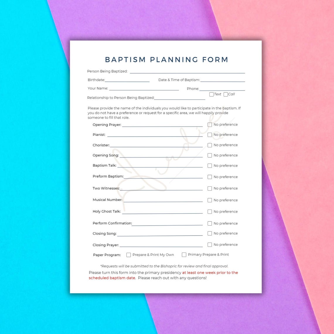 LDS Baptism Planning Form | Baptismal Preview Handout | Printable ...