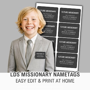 May include: A young person in a gray suit and tie smiles, with a nametag that reads "EDLER TOMMY JAY JESUS CHRIST." Beside them are several black rectangular labels with the text "FUTURE MISSIONARY" and "THE CHURCH OF JESUS CHRIST OF LATTER-DAY SAINTS."