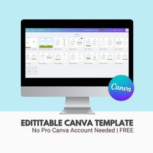 Peut inclure: Un &eacute;cran d'ordinateur affiche un mod&egrave;le Canva avec plusieurs pages. L'&eacute;cran pr&eacute;sente diverses mises en page, notamment des espaces r&eacute;serv&eacute;s aux images et au texte. Un logo Canva se trouve dans le coin inf&eacute;rieur droit. Le texte en bas indique : EDITABLE CANVA TEMPLATE, No Pro Canva Account Needed | FREE.