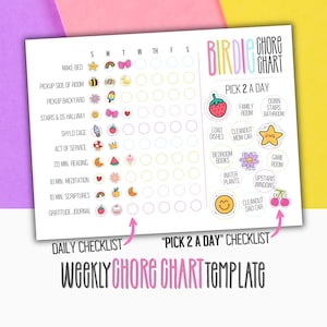 May include: A weekly chore chart template with colorful illustrations and text. The chart includes daily tasks like making the bed and picking up the backyard. The chart also has a "Pick 2 a Day" checklist with tasks like cleaning the family room.