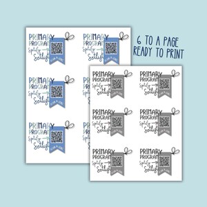 Pu&ograve; includere: Due fogli di carta bianca con etichette con codice QR stampate. Ogni etichetta recita "PRIMARY PROGRAM Spotify Setlist" con un codice QR e "SCAN & SING". &Egrave; visibile anche il testo "6 TO A PAGE READY TO PRINT".