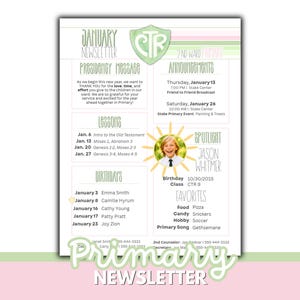 May include: A January newsletter with a green and pink color scheme. The newsletter includes announcements, lessons, birthdays, and a spotlight on Jason Whitmer. The text reads "Primary Newsletter".