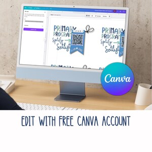 Pu&ograve; includere: Un monitor di computer mostra un modello Canva per una playlist di Spotify. Il design presenta le parole "PRIMARY PROGRAM Spotify Setlist" con un codice QR e il testo "SCAN SING". Un grande logo Canva circolare si trova in basso a destra. Il testo "EDIT WITH FREE CANVA ACCOUNT" &egrave; in basso.
