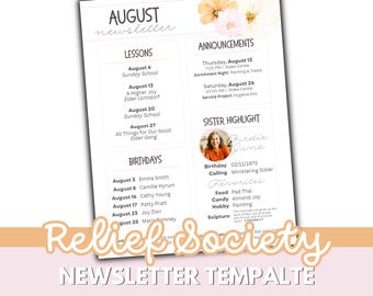 LDS Relief Society Newsletter Template: Watercolor Floral Design - Canva Editable