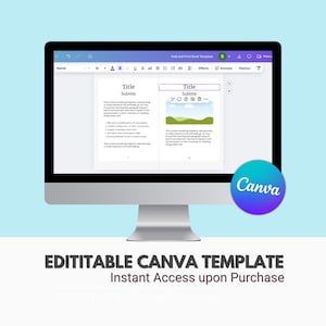Peut inclure: Un &eacute;cran d'ordinateur affiche un mod&egrave;le Canva avec des champs de texte et un graphique de paysage. L'&eacute;cran montre un document avec les mots "Titre" et "Sous-titre". Le logo Canva est dans un cercle violet et bleu. Le texte en dessous dit "EDITABLE CANVA TEMPLATE".