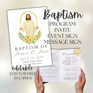 Könnte beinhalten: Weißes Taufprogramm und Einladung mit dem Text "Taufe von Jamie Q. June, 10. Juli 2025". Das Programm enthält ein Bild von Jesus und Blumenschmuck. Der Text "Kostenlos in Canva bearbeiten" ist ebenfalls vorhanden.