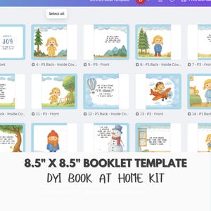 Peut inclure: Plusieurs modèles de livrets illustrés, chacun présentant une scène différente avec des enfants et des citations inspirantes. Le texte "8.5" x 8.5" Booklet Template" et "DIY Book at Home Kit" est affiché en bas.
