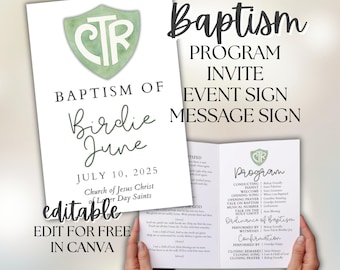 May include: White baptism program and invitation with a green shield logo. The invitation reads "Baptism of Birdie June, July 10, 2025." The program includes event details. Text on the invitation says "Edit for free in Canva."