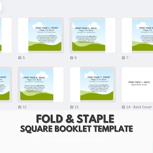 May include: A digital fold and staple square booklet template featuring multiple page layout previews with light blue sky and green hill graphics. Each section includes instructional text for dragging and dropping design images to create a full page spread.