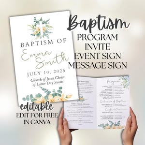 May include: A white baptism program invite with floral accents and the text "Baptism of Emma Smith, July 10, 2025." The program includes a detailed schedule and is editable in Canva. The design features a cross and botanical elements.