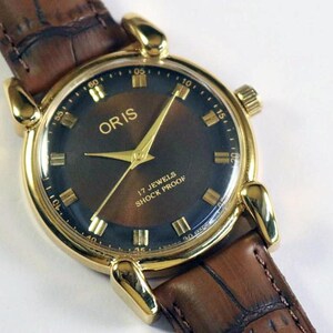 Orologio da polso da uomo Oris vintage, Swiss Made, a carica manuale, quadrante marrone, anse a goccia, cassa placcata in oro, regalo per uomo #9002