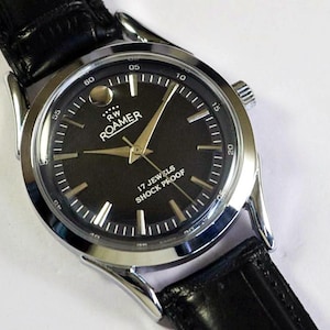 Orologio da polso da uomo vintage Roamer Swiss Made a carica manuale, quadrante nero, anse curve, cassa in acciaio inossidabile, regalo per uomo #8002