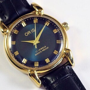 Orologio da polso da uomo Oris vintage, Swiss Made, a carica manuale, quadrante blu, anse a goccia, cassa placcata in oro, regalo per uomo #9004