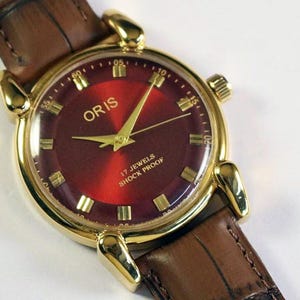 Orologio da polso da uomo Oris vintage, Swiss Made, a carica manuale, quadrante rosso, anse a goccia, cassa placcata in oro, regalo per uomo #9003