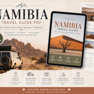 May include: A travel guide for Namibia, featuring a white SUV on a dirt road, a tablet displaying the guide, and printed pages. The guide includes detailed itineraries, 4x4 routes, hidden gems, campsites, and checklists. The text reads "Namibia Travel Guide PDF."