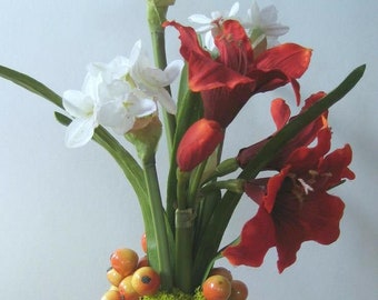 Christmas Flowers Red White Floral Arrangement, Red Amaryllis Winter Bulbs Paperwhites Narcissus