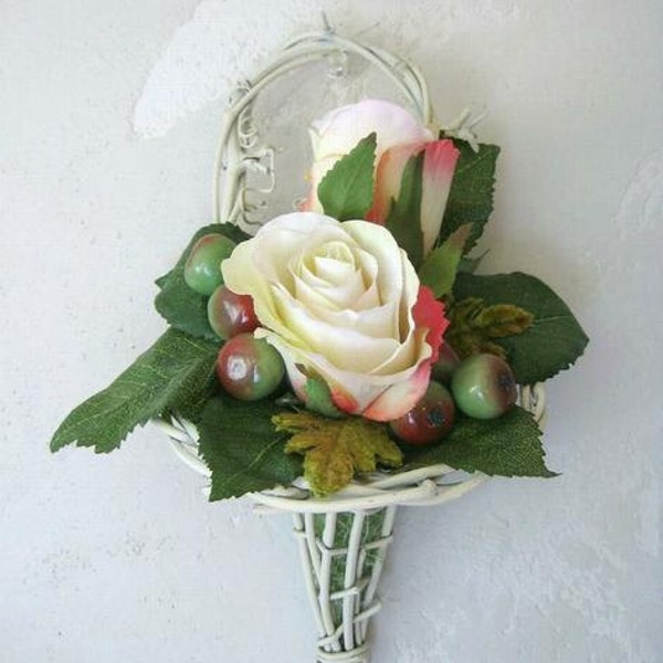 Hanging Flowers Rose Arrangement Cottage Chic Roses Floral Wall Decor Hanging Basket of Roses