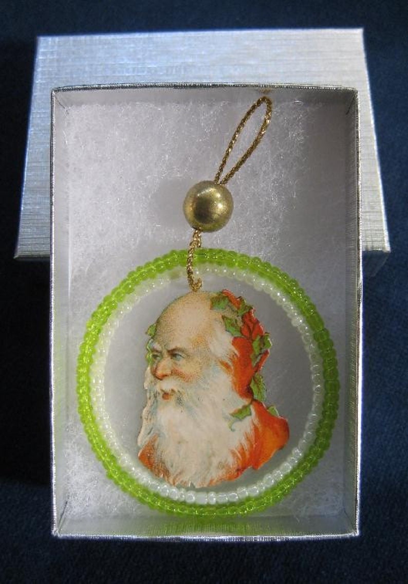 Feather Tree Christmas Ornament Vintage Victorian Die Cut Santa Victorian Scrap Beads image 3