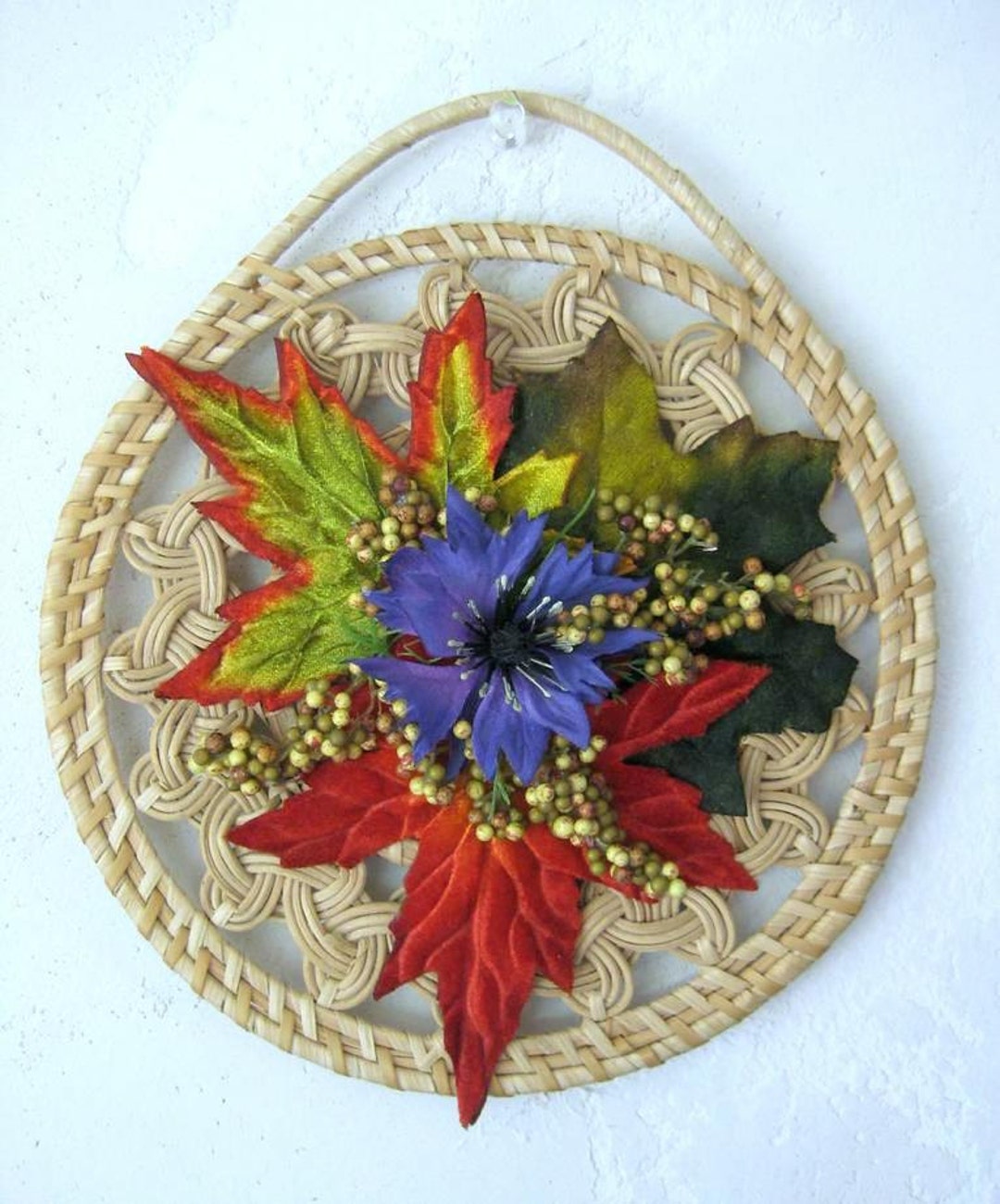 Autumn Leaves Wall Hanging, Fall Wall Decor, Wicker Trivet Rustic