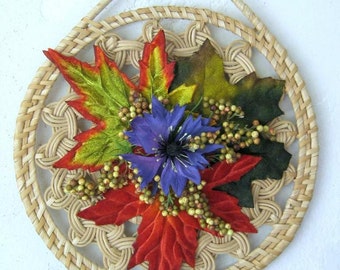 Autumn Leaves Wall Hanging, Fall Wall Decor, Wicker Trivet Rustic Garden Cottage Decor Silk Arrangement Fall Decoration