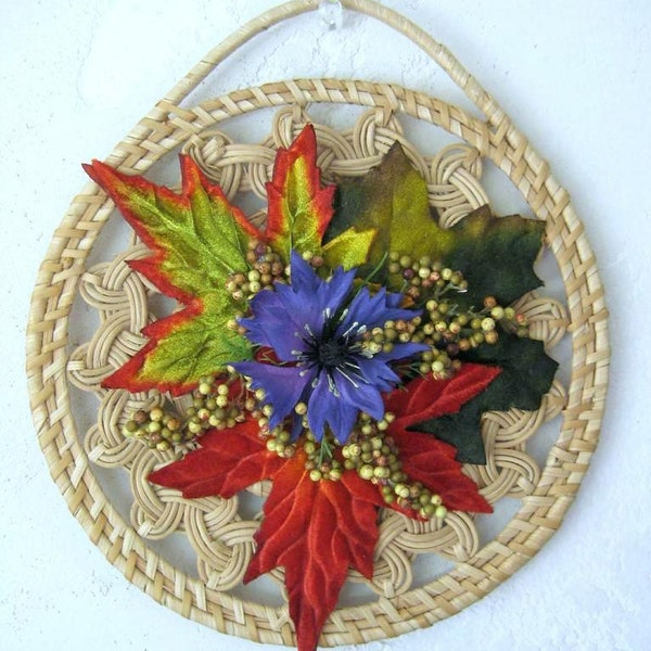 Autumn Leaves Wall Hanging, Fall Wall Decor, Wicker Trivet Rustic Garden Cottage Decor Silk Arrangement Fall Decoration