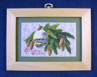 Antique Christmas Postcard Pine Cones Branches Christmas Greenery Framed