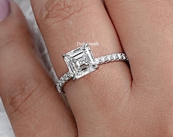 Asscher Cut Conflict Free Diamond Solitaire Accent Ring, Lab Grown Diamond Claw Prong Set Wedding Ring, CVD Diamond Engagement Ring