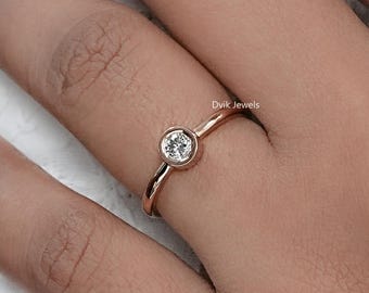 Round Cut Lab Grown Diamond Solitaire Engagement Ring, 10K Yellow Gold Bezel Set Diamond Ring, Eco-Friendly Diamond Wedding Ring For Her