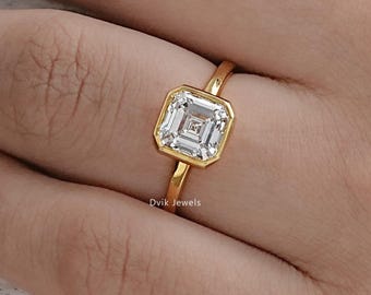 Asscher Cut Lab Diamond Bezel Set Wedding Ring, 14K Solid Gold Solitaire Ring, Engagement Ring For Her, Anniversary Ring Gift For Love