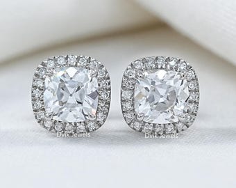 Square OMC Cushion Cut Lab Diamond Halo Stud Earrings, Lab Grown Diamond Screw Back Stud Earrings, CVD Diamond Earrings Gift For Women