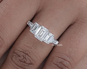 Emerald Cut CVD Diamond Five Stone Engagement Ring, 14K White Gold Diamond Wedding Ring, Eco Friendly Lab Grown Diamond Bridal Ring For Her