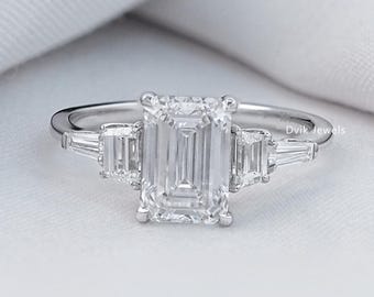 Emerald Cut Lab Diamond Five Stone Ring, CVD Diamond Anniversary Ring, 14K White Gold Engagement Ring, Claw Prong Set Ring, Gift For Her
