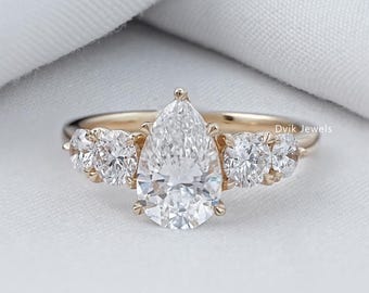 Anillo de cinco piedras con diamantes cultivados en laboratorio y corte de pera, anillo de bodas ecológico con diamantes para el amor, anillo de aniversario con diamantes libres de conflicto para ella.