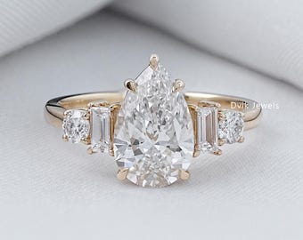 Pear Cut Lab Grown Diamond Five Stone Ring, Claw Prong Set Bridal Ring, Hand Made Diamond Wedding Ring, 14K Yellow Gold Ring, Gift For Her