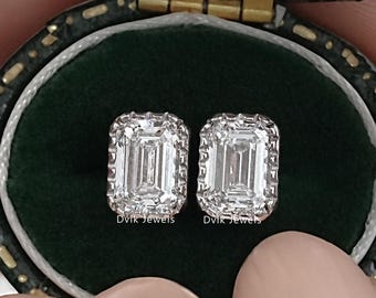 Emerald Cut CVD Diamond Stud Earrings, Bezel With Milgrain Set Diamond Studs, Lab Grown Diamond Solitaire Stud Earrings, Anniversary Gift