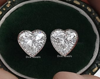 Heart Cut Lab Grown Diamond Studs, Solitaire Diamond Bezel With Milgrain Set Earrings, 14K Solid Gold Wedding Earrings, Screw Back Earrings