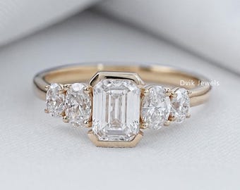 Emerald Cut Lab Diamond Five Stone Wedding Ring, Side Stone Oval Cut Diamond Ring, Half Bezel Set Ring, 14K Yellow Gold Ring, Ready To Ship