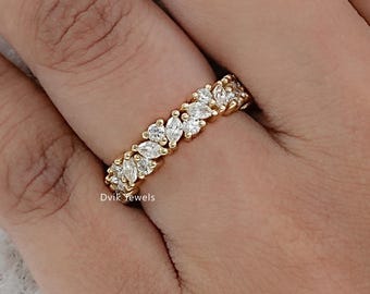 Marquise & Round Cut Lab Diamond Full Eternity Band, Cluster Set Diamond Bridal Band, 14K Solid Gold Wedding Band, Engagement Band For Her