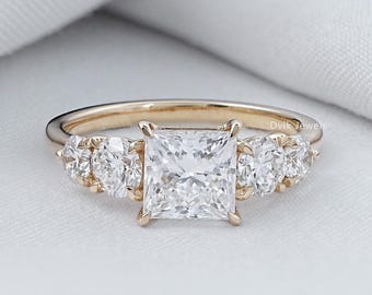 Princess Cut Lab Grown Diamond Wedding Ring, Five Stone Conflict Free Diamond Engagement Ring, 14K Yellow Gold Bridal Ring, Ready To Ship
