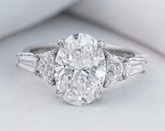 Ovaal geslepen laboratoriumdiamant vijf stenen ring, milieuvriendelijke diamanten verlovingsring, 14K witgouden bruidsring, klauwtanden set diamanten ring
